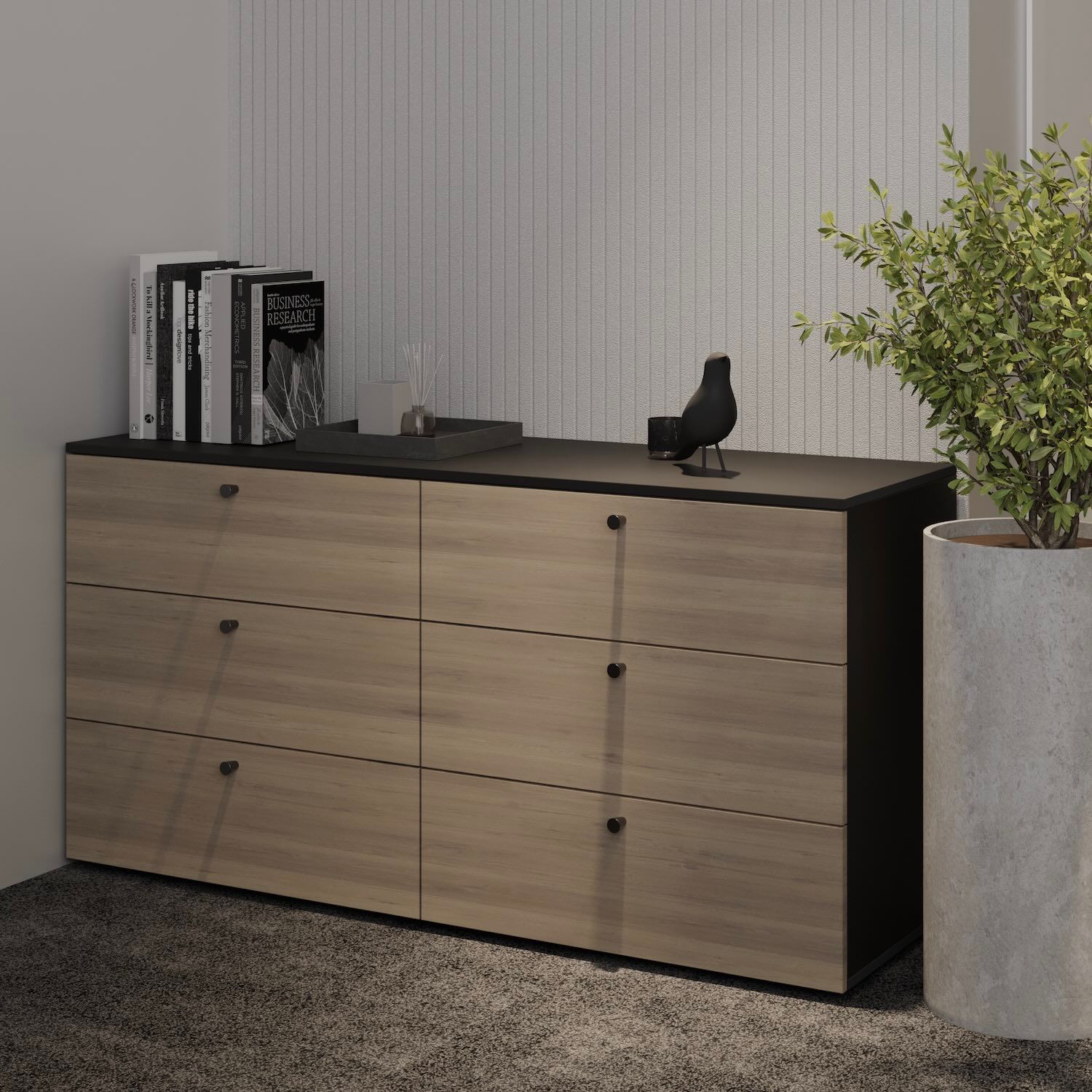 Comodă TERRA 2 cu 6 sertare din laminat butoni rotunzi negri