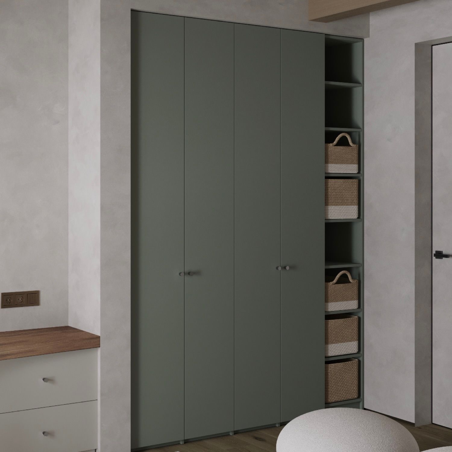 Dressing MOSS cu 4 usi din laminat si rafturi deschise