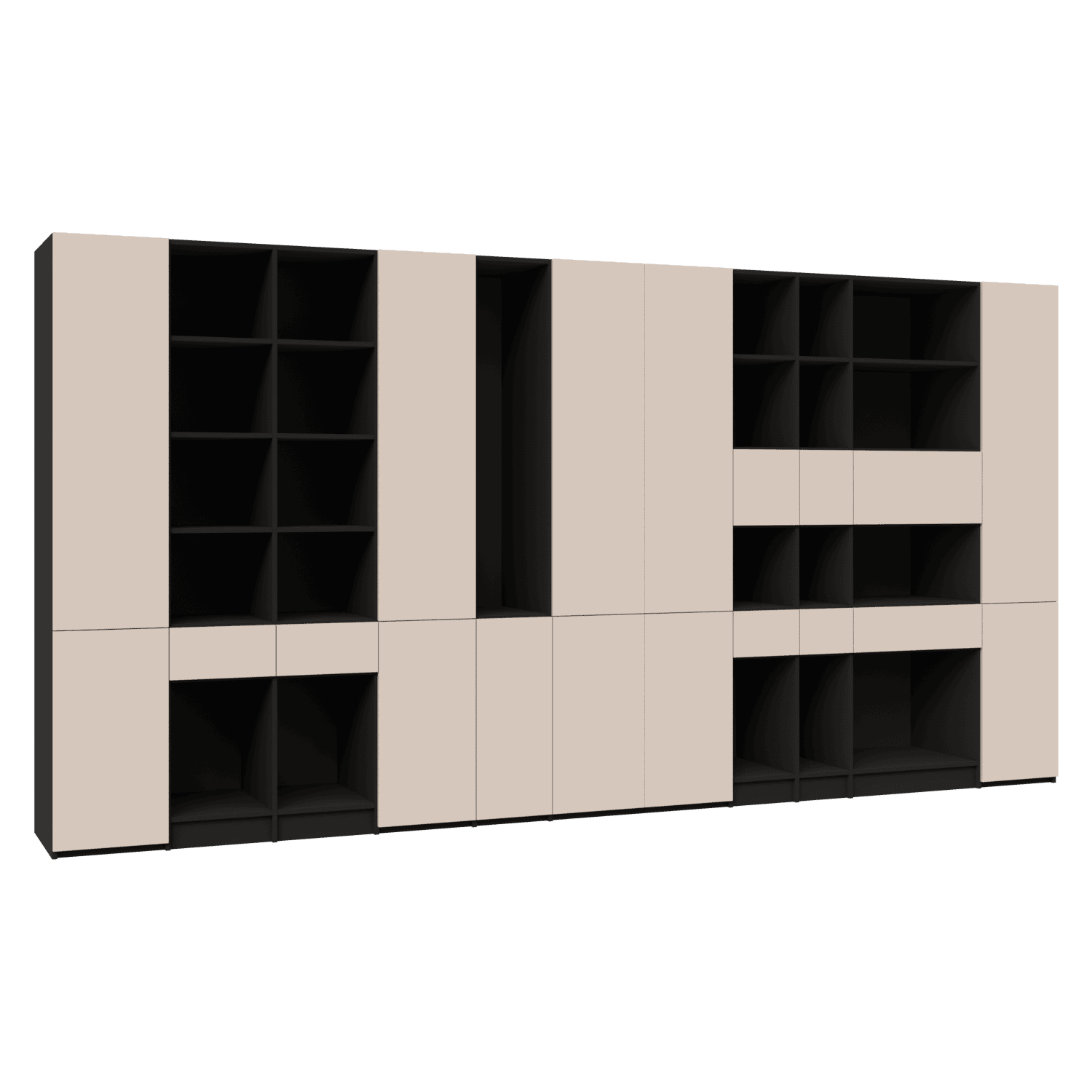 Mobila living configurabila din laminat cu usi, sertare si rafturi deschise  2