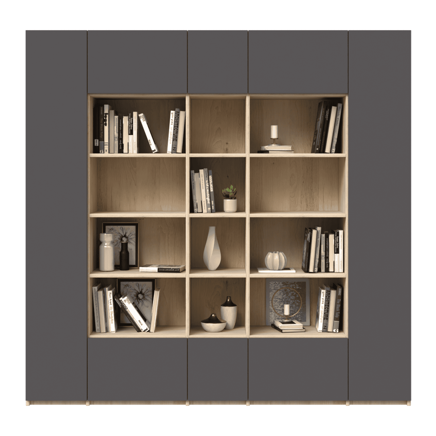 Bibliotecă configurabilă cu rafturi deschise și uși