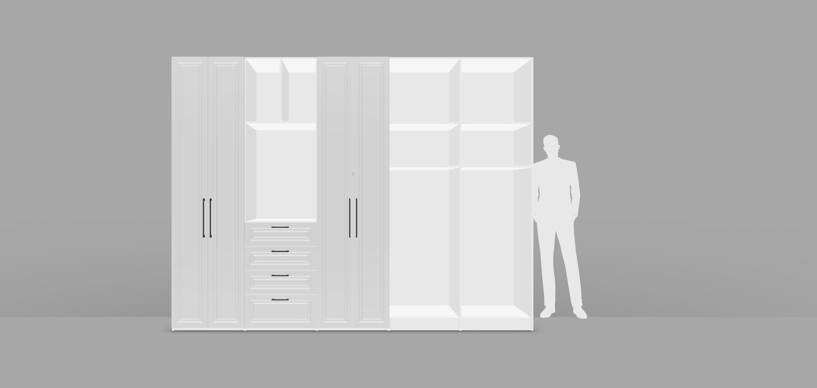 Configurable storage cabinet with classic milling painted MDF doors, 4 drawers, long applied handles 3