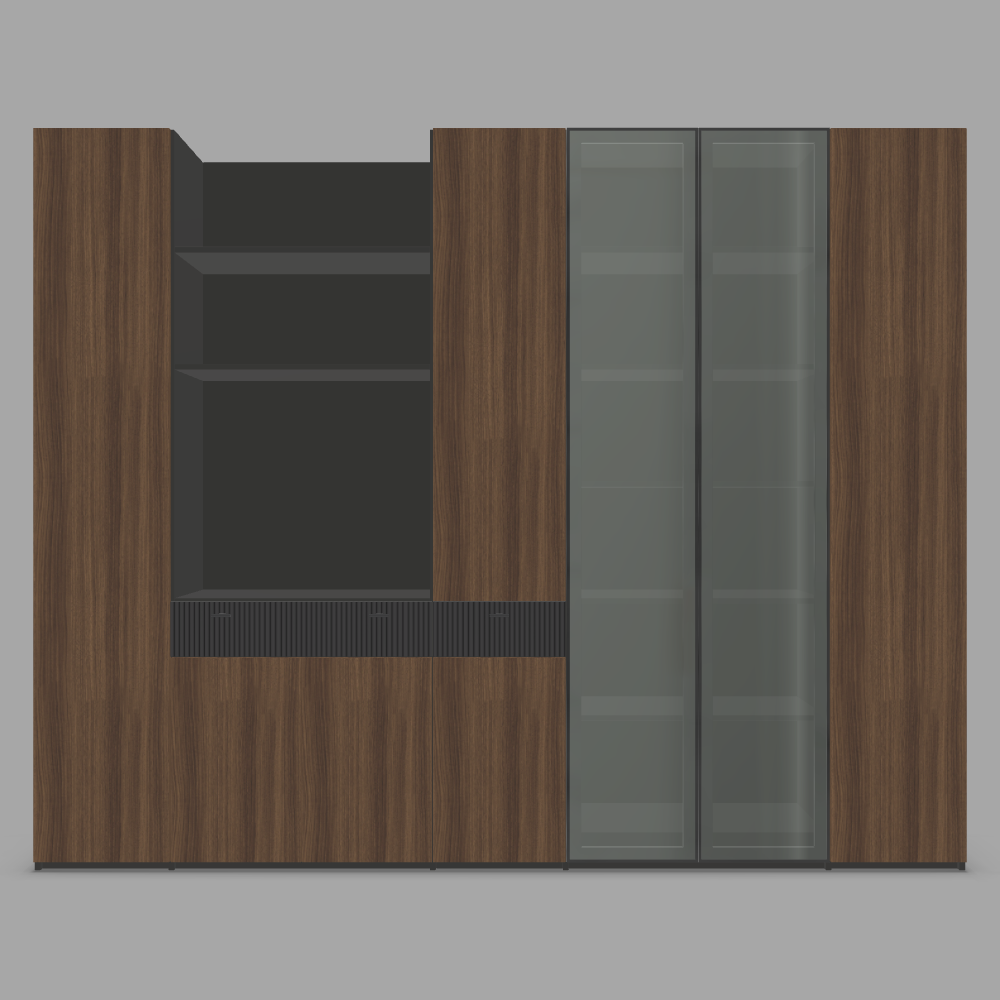 Configurable bar and living room cabinet with laminate doors, ribbed painted MDF and glass in black metal frame 3