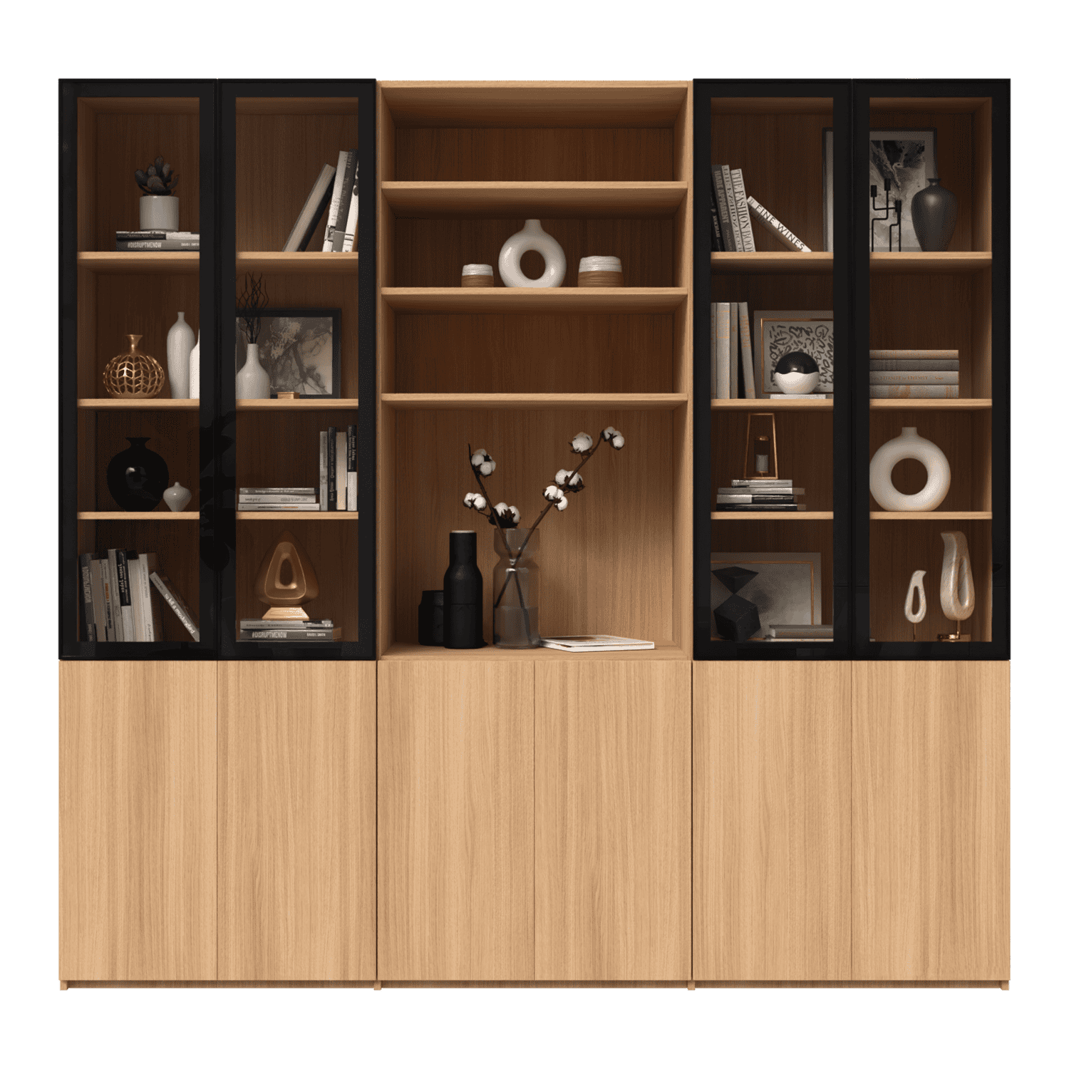 Dulap configurabil pentru birou sau living  cu rame metalice si sticla clara, usi din laminat , spate din laminat 