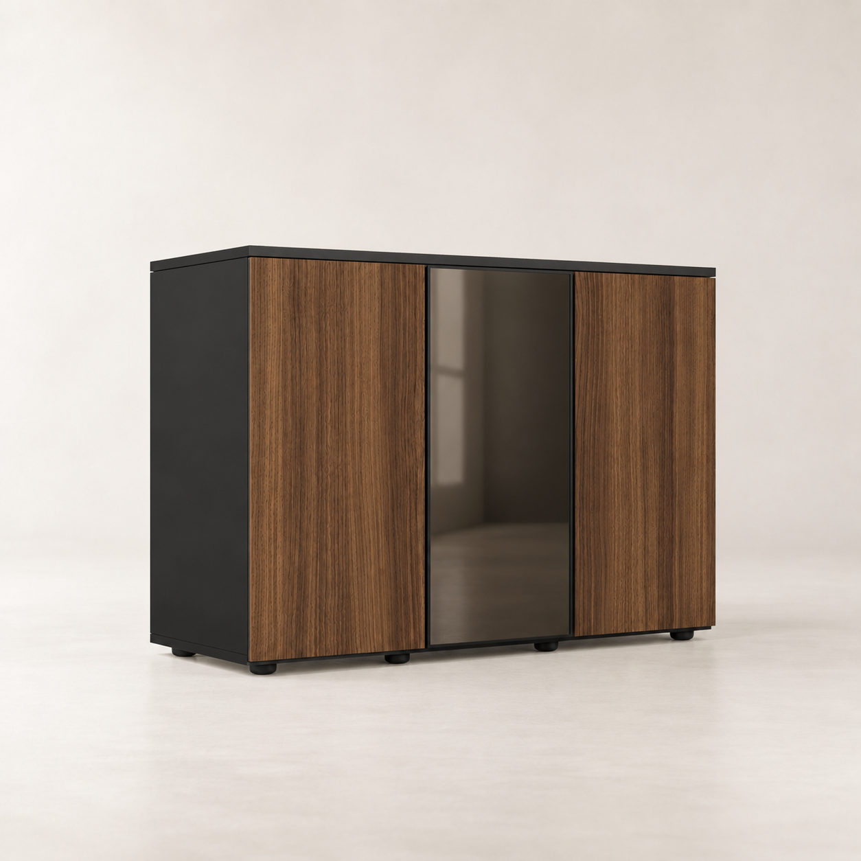 Comodă dining sau birou configurabilă din laminat cu uși din laminat și o ușă din sticlă în ramă metalică neagră 3