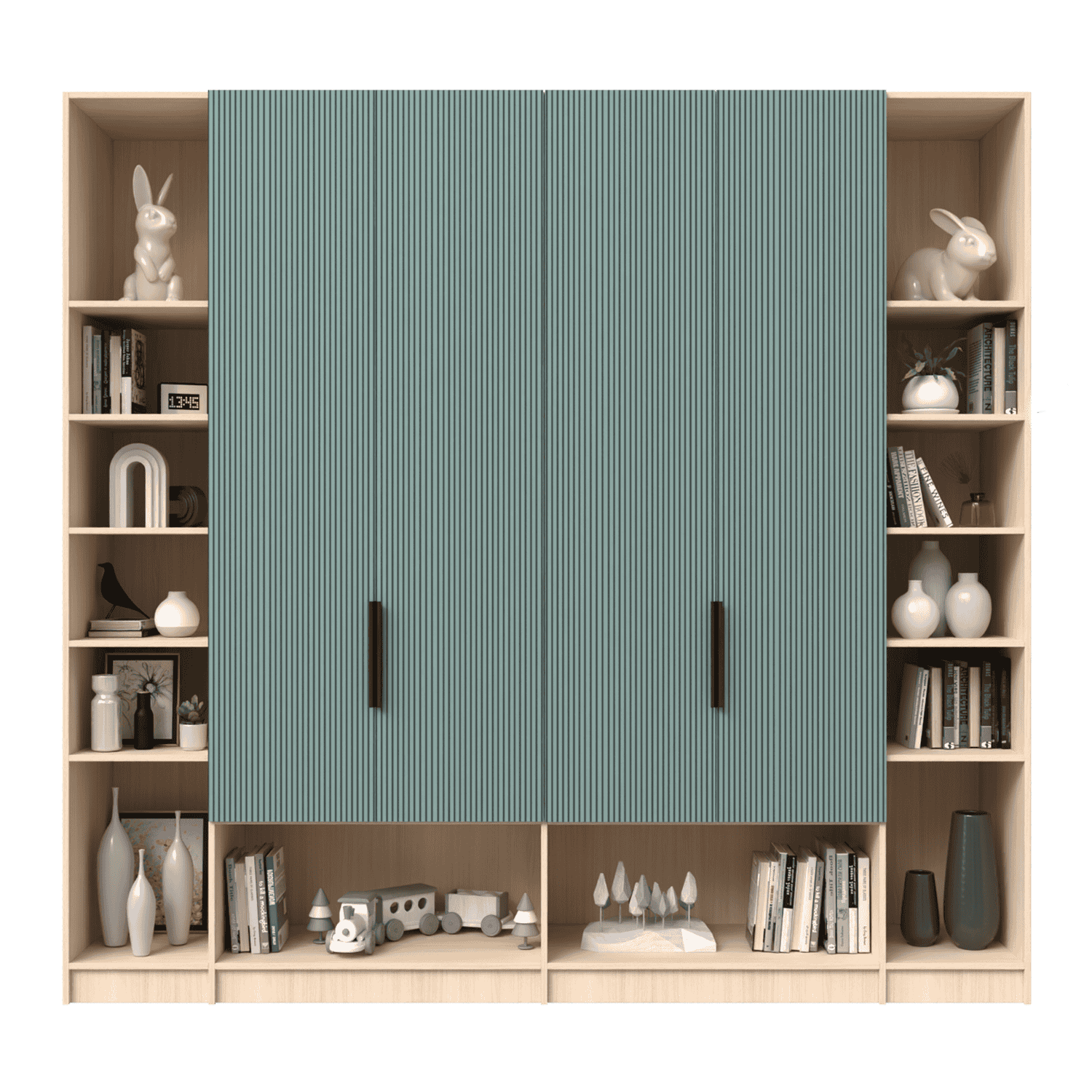 Biblioteca configurabilă cu rafturi deschise și uși din MDF vopsit mat riflat pentru camera copii
