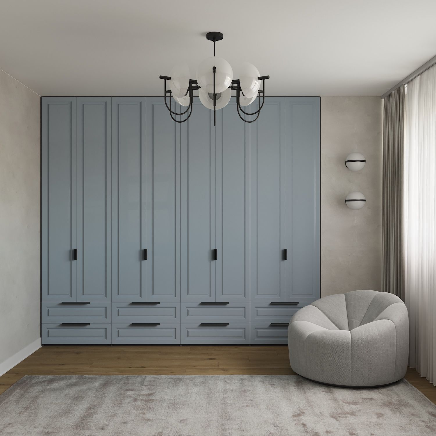 Dressing ASTERIA cu 8 uși și 8 sertare din MDF vopsit frezat si mânere bară