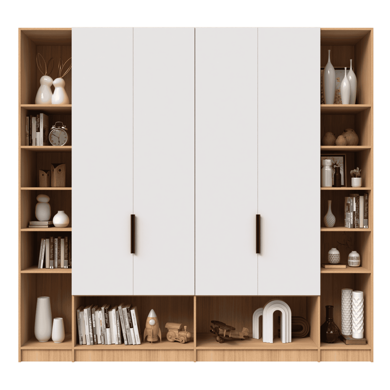 Biblioteca configurabilă cu rafturi deschise și uși albe