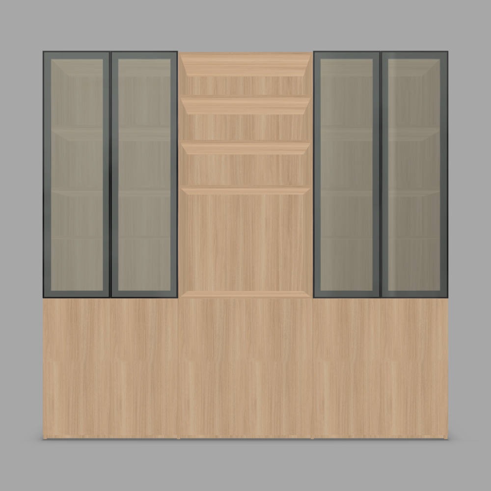 Dulap configurabil pentru birou sau living  cu rame metalice si sticla clara, usi din laminat , spate din laminat  3