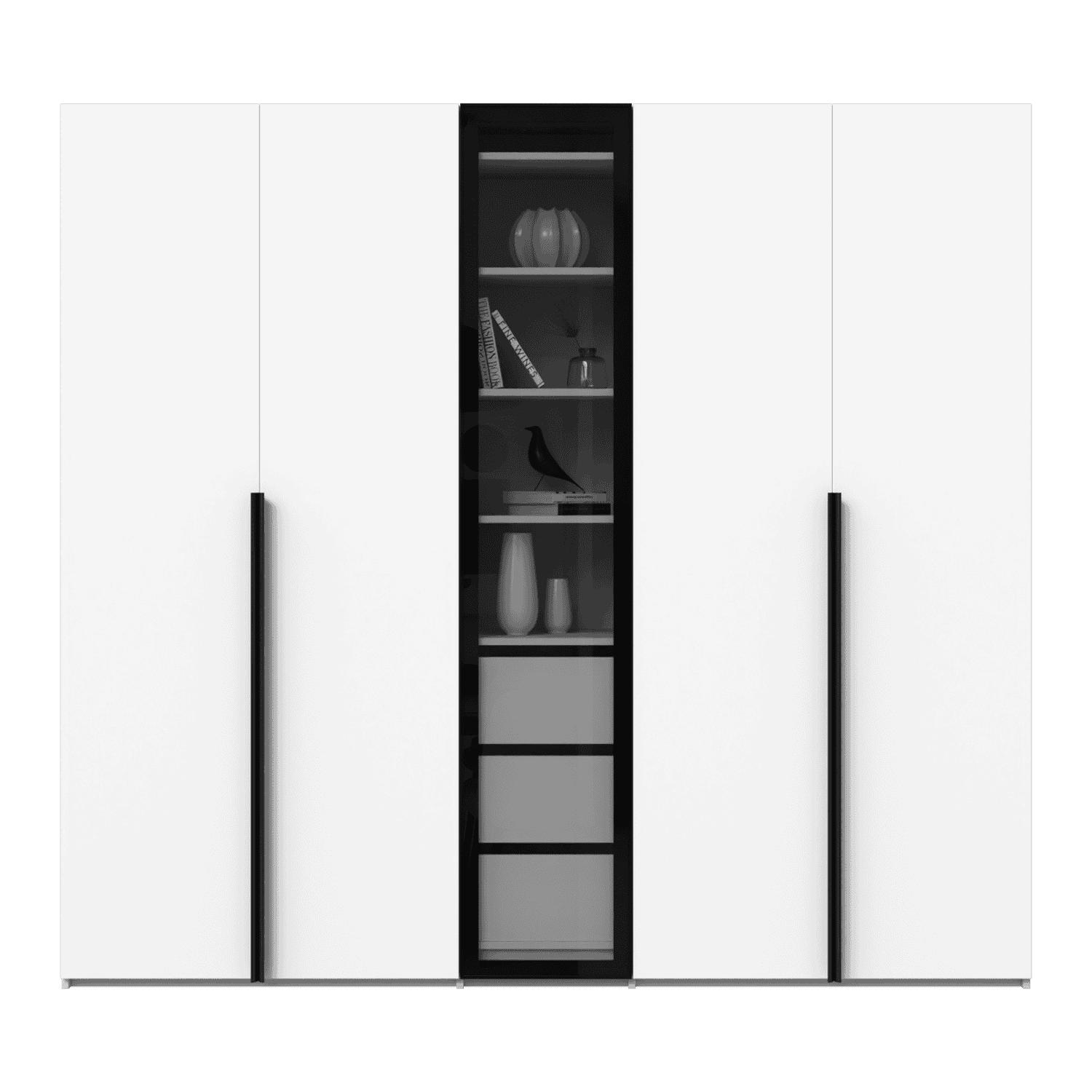 Dulap configurabil din laminat, o usa de sticla in rama metalica neagra si 3 sertare la interior 