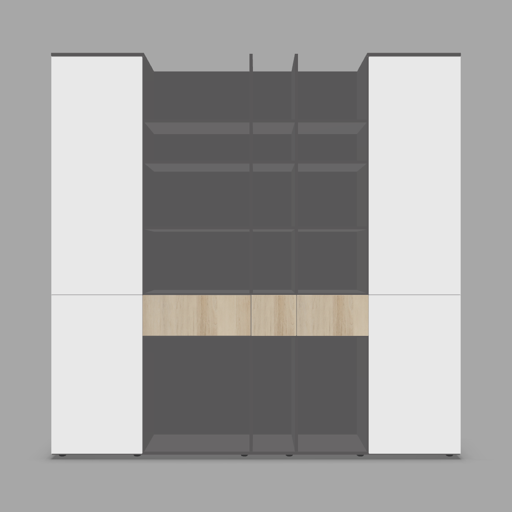 Dulap rafturi configurabil cu zona inchisa si deschisa, 3 sertare, 2 usi din laminat.  3