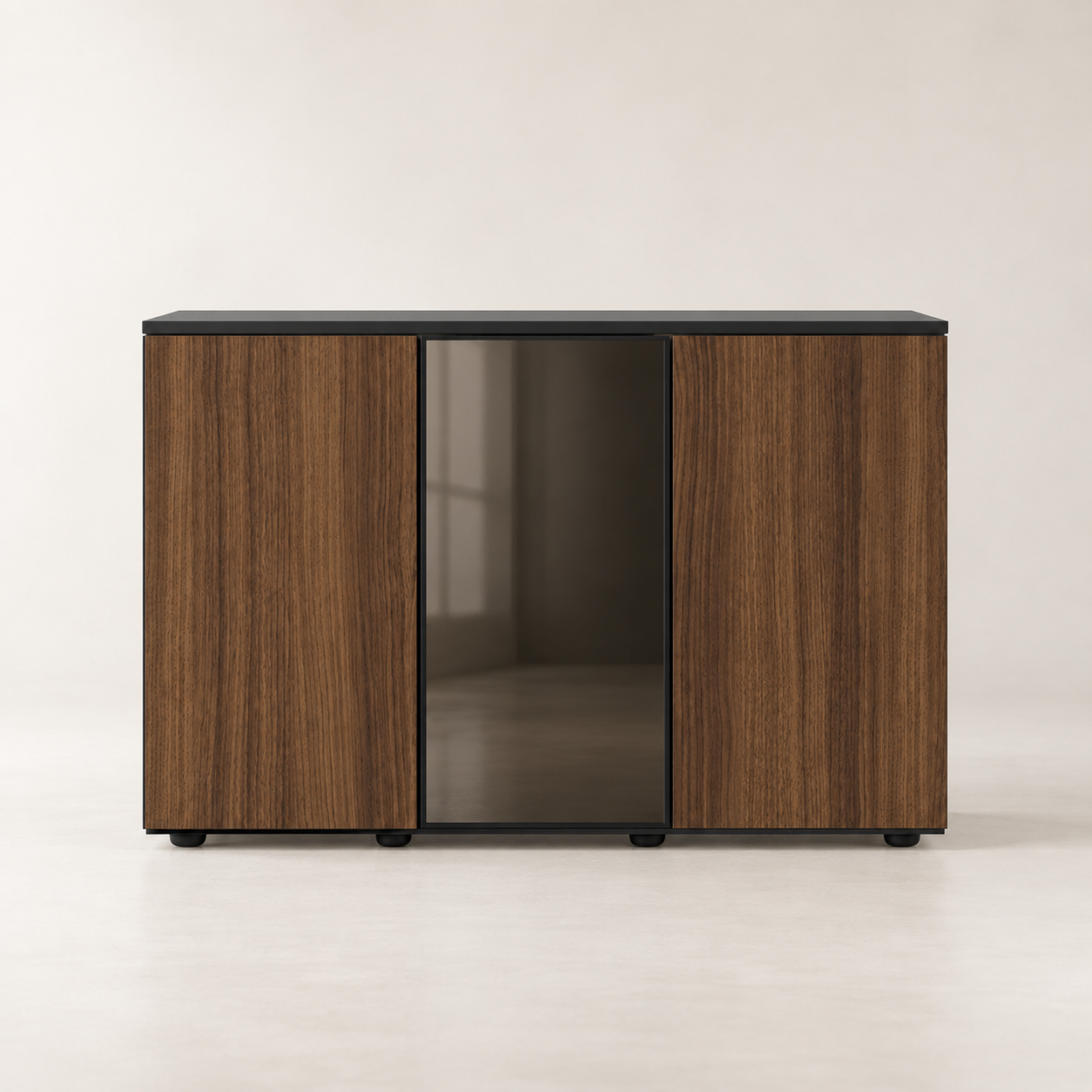 Comodă dining sau birou configurabilă din laminat cu uși din laminat și o ușă din sticlă în ramă metalică neagră