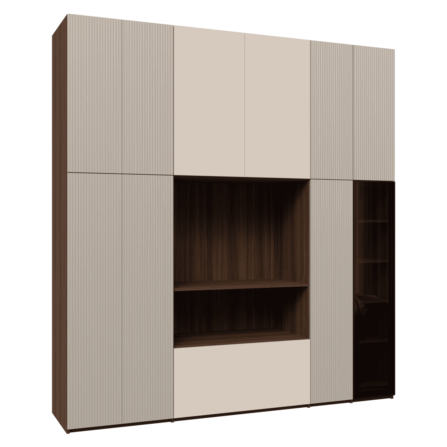 Dressing cu spatiu TV din laminat , MDF vospit si rama matalica cu sticla fumurie  2