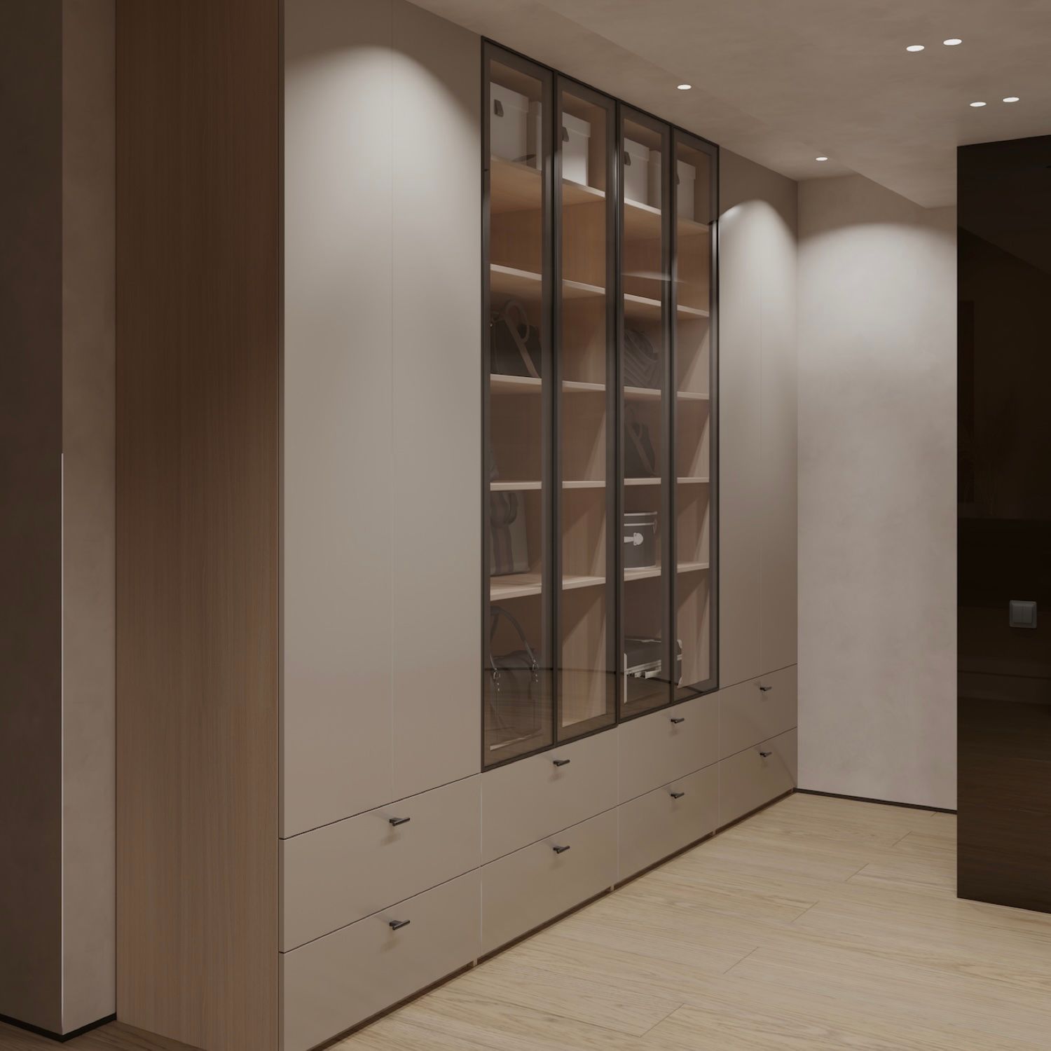 Dressing SOHO cu vitrină si 8 sertare cu fronturi din MDF căntuit, ultramat, antiamprentă si spate 18 mm 