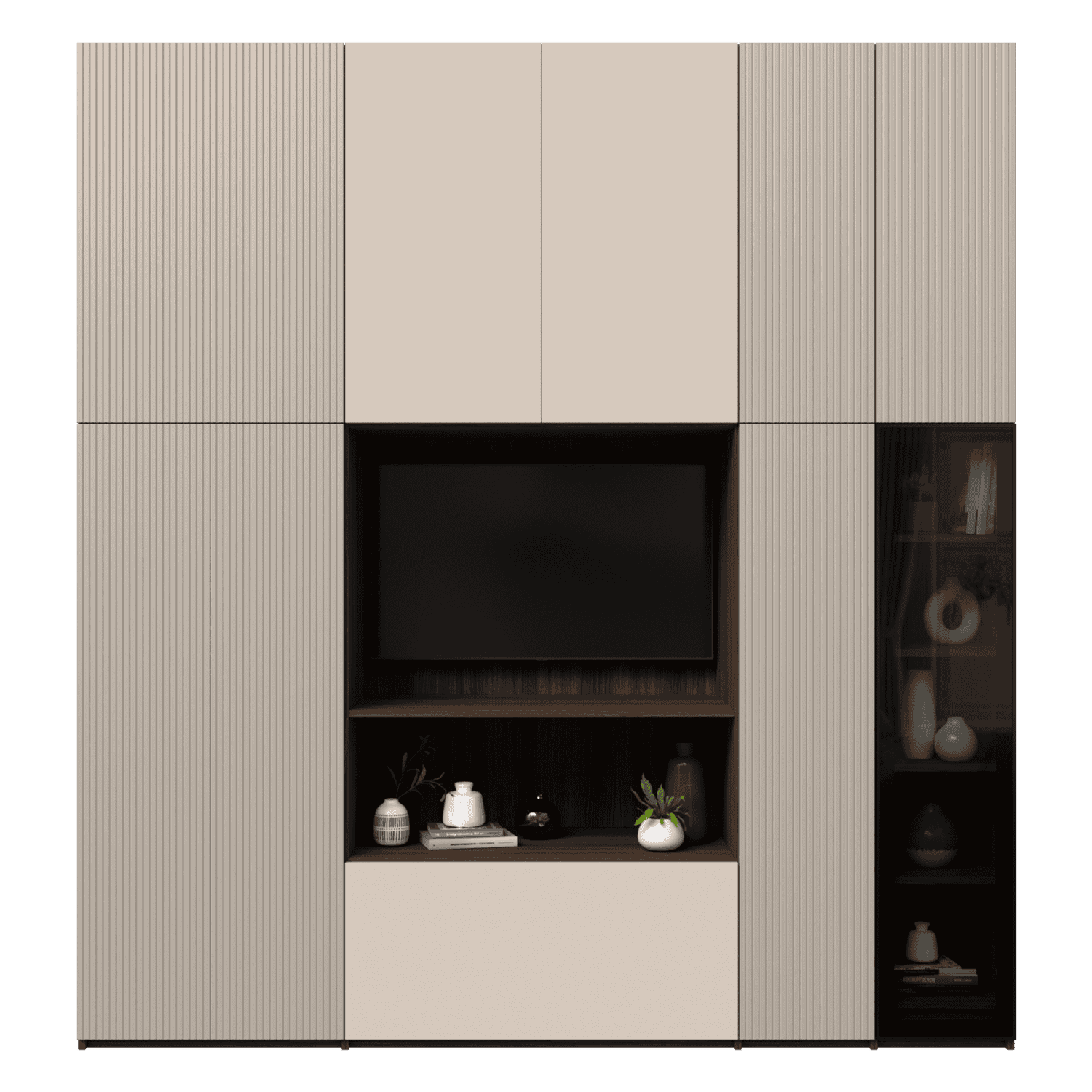 Dressing cu spatiu TV din laminat , MDF vospit si rama matalica cu sticla fumurie 