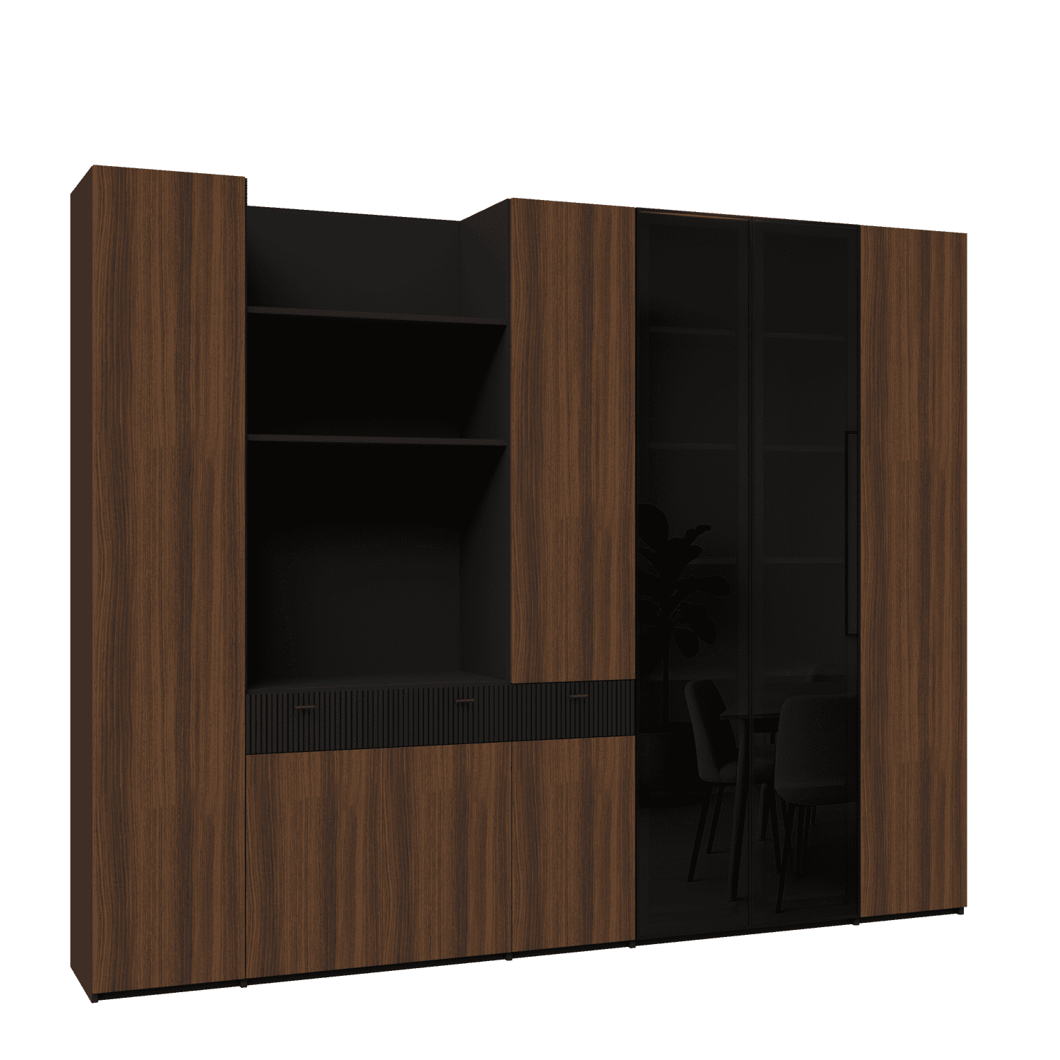 Configurable bar and living room cabinet with laminate doors, ribbed painted MDF and glass in black metal frame 2